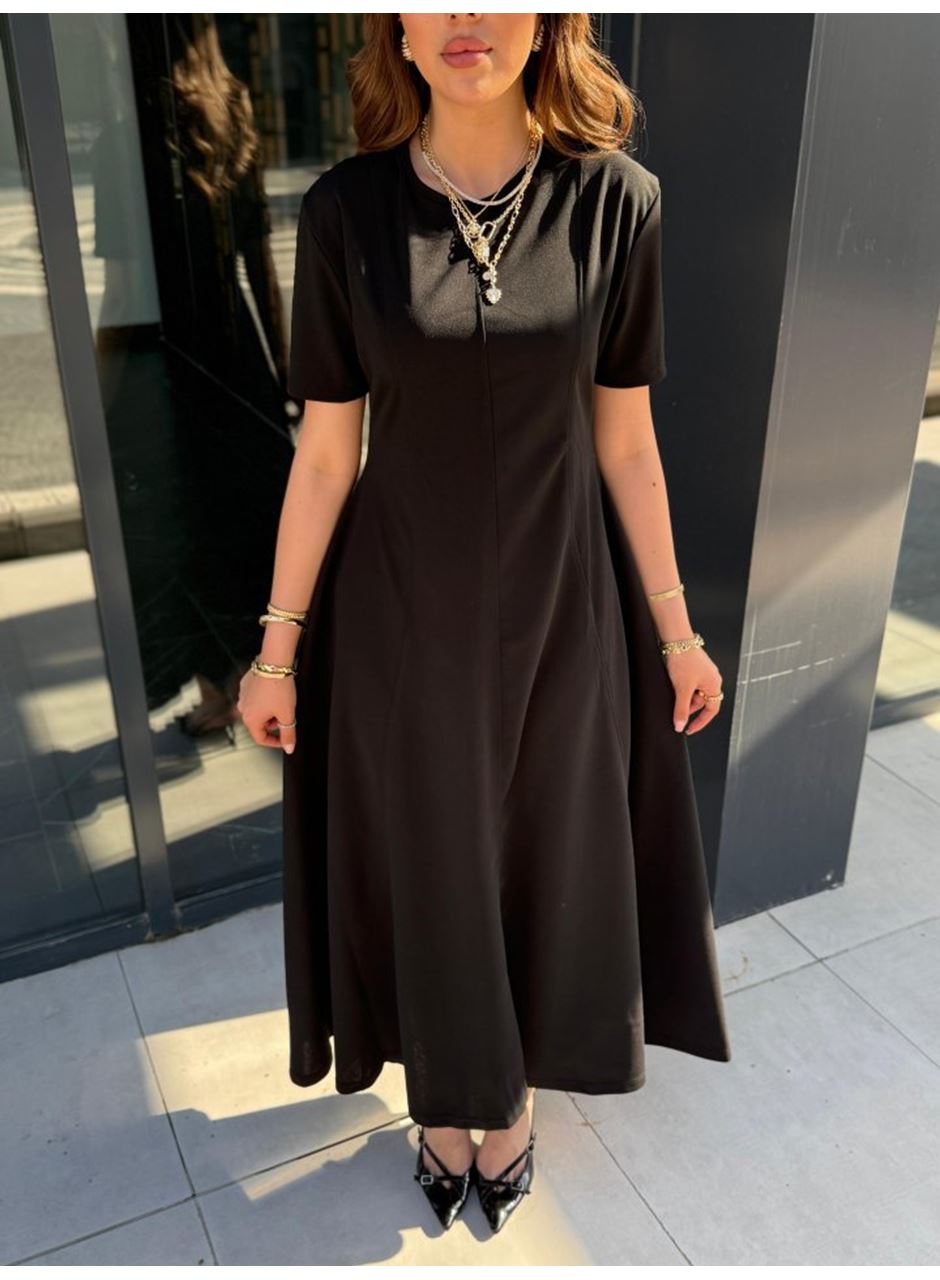 Kadın Kısa Kollu Bisiklet Yaka Maksi Boy Ithal Krep Elbise