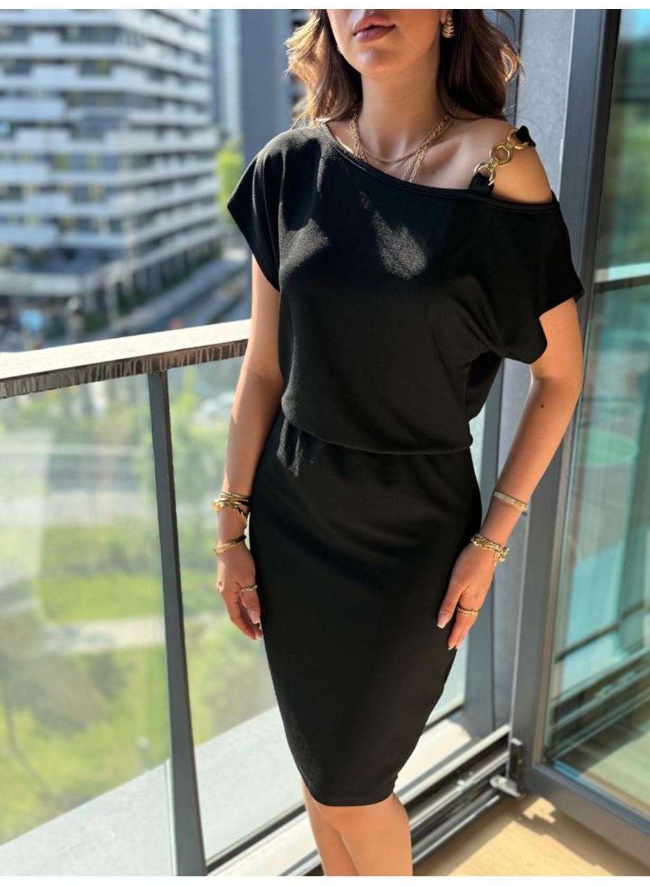 Kadın Kısa Kollu Tek Omuz Askı Ve Aksesuar Detay Beli Lastikli Krep Elbise