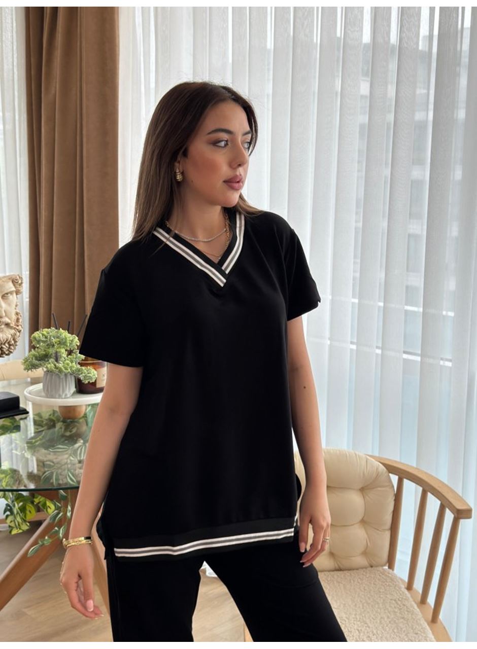 Kadın Kısa Kollu V Yakalı Iki Iplik Bluz Ve Pantolon Ikili Takım