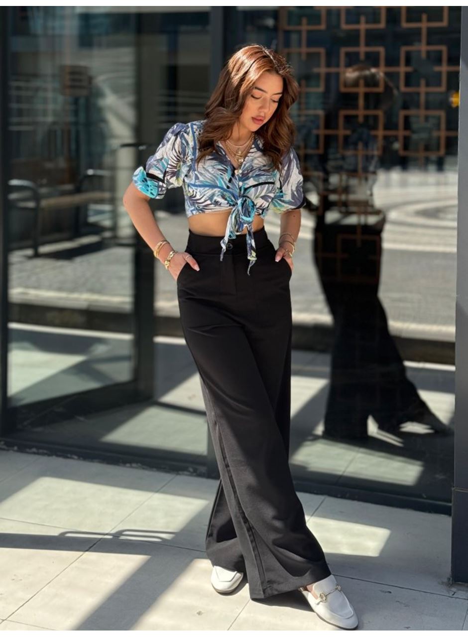 Kadın Yüksek Bel Geniş Paça Detaylı Cepli Ithal Krep Pantolon