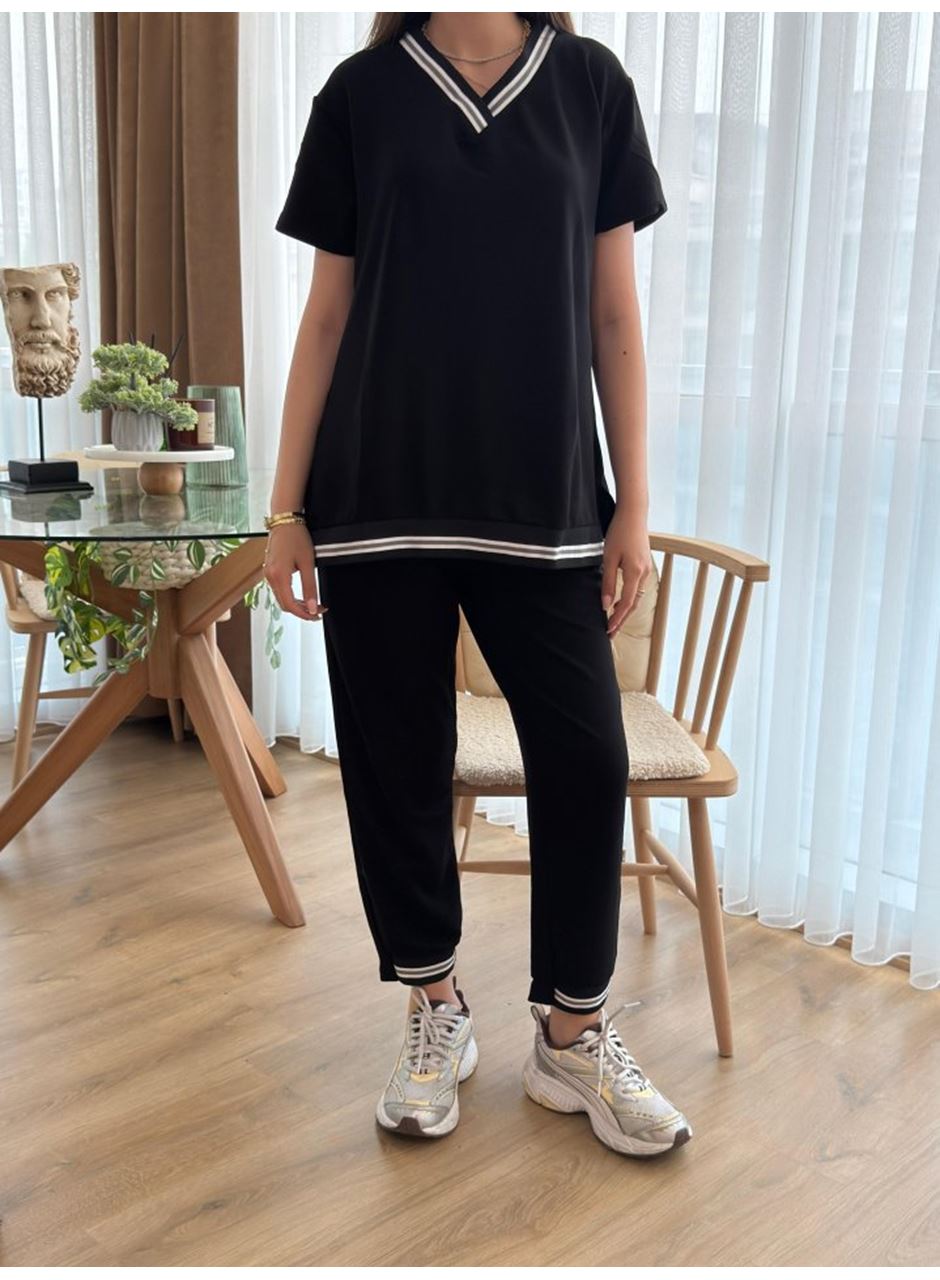 Kadın Kısa Kollu V Yakalı Iki Iplik Bluz Ve Pantolon Ikili Takım