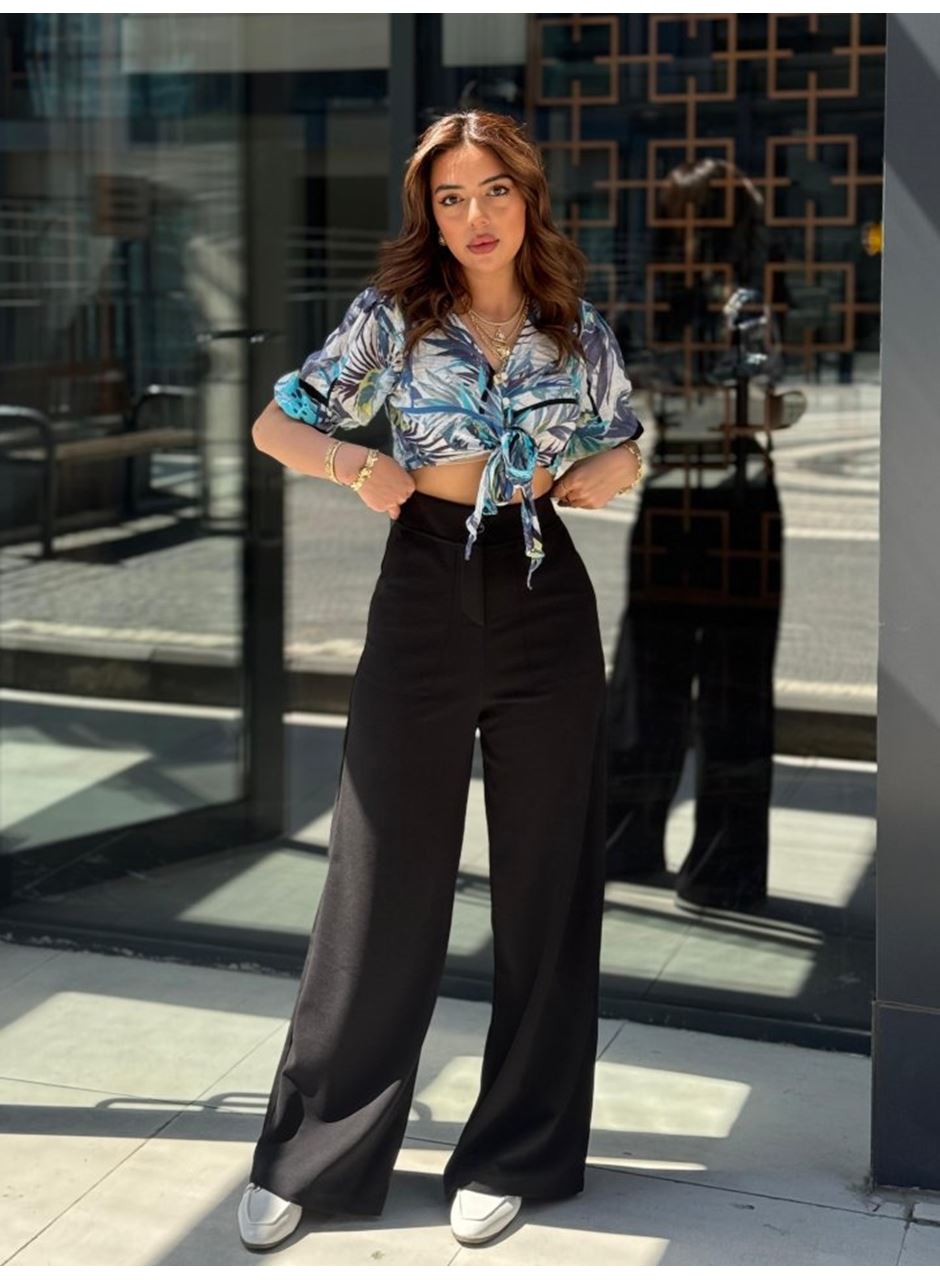 Kadın Yüksek Bel Geniş Paça Detaylı Cepli Ithal Krep Pantolon