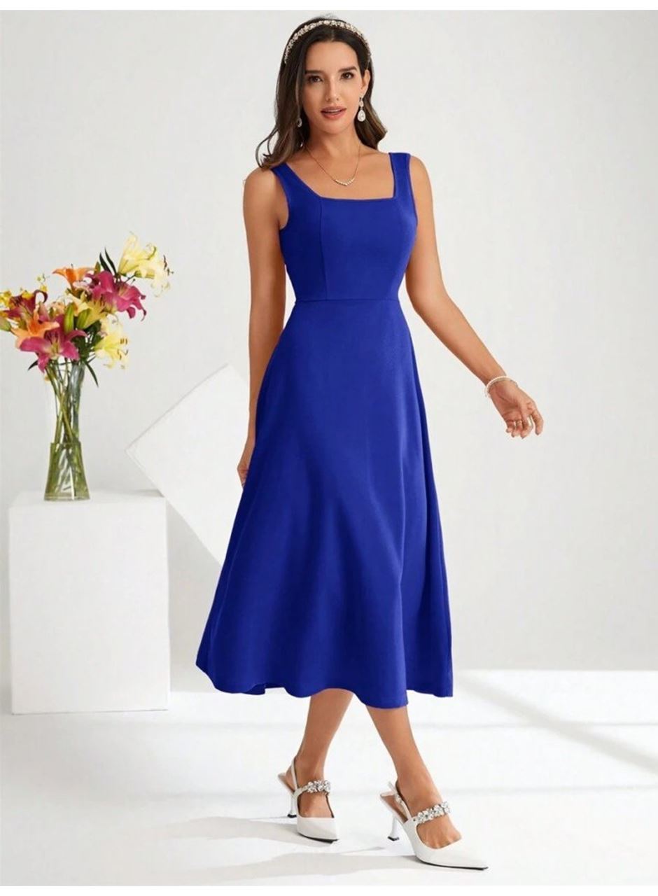 Kadın Askılı Kare Yakalı Midi Ithal Krep Elbise