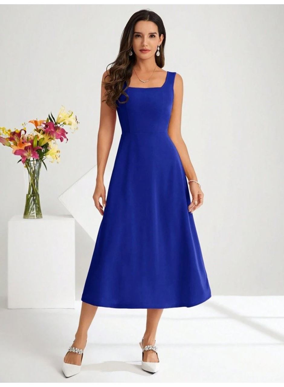 Kadın Askılı Kare Yakalı Midi Ithal Krep Elbise