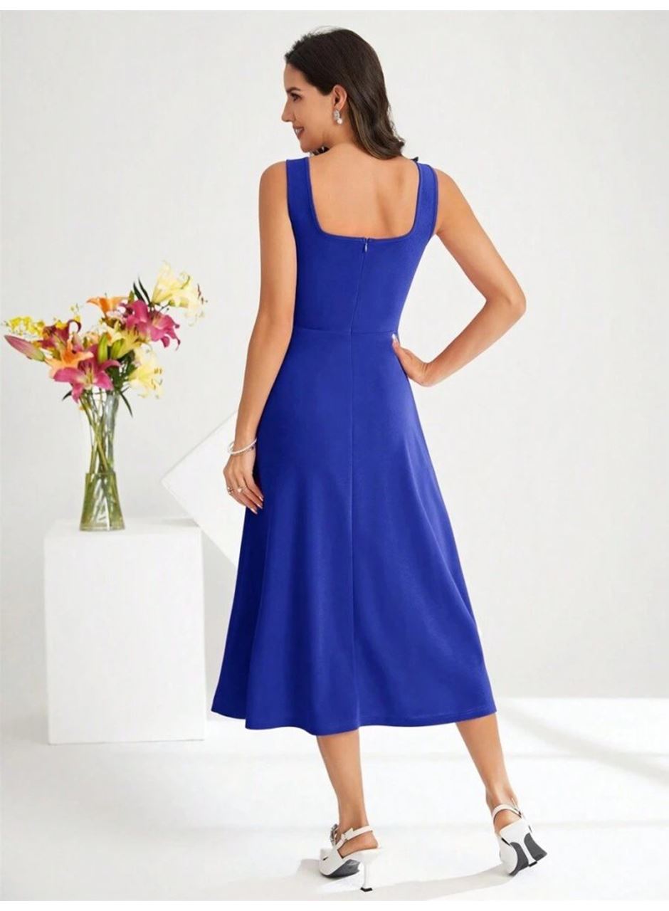 Kadın Askılı Kare Yakalı Midi Ithal Krep Elbise