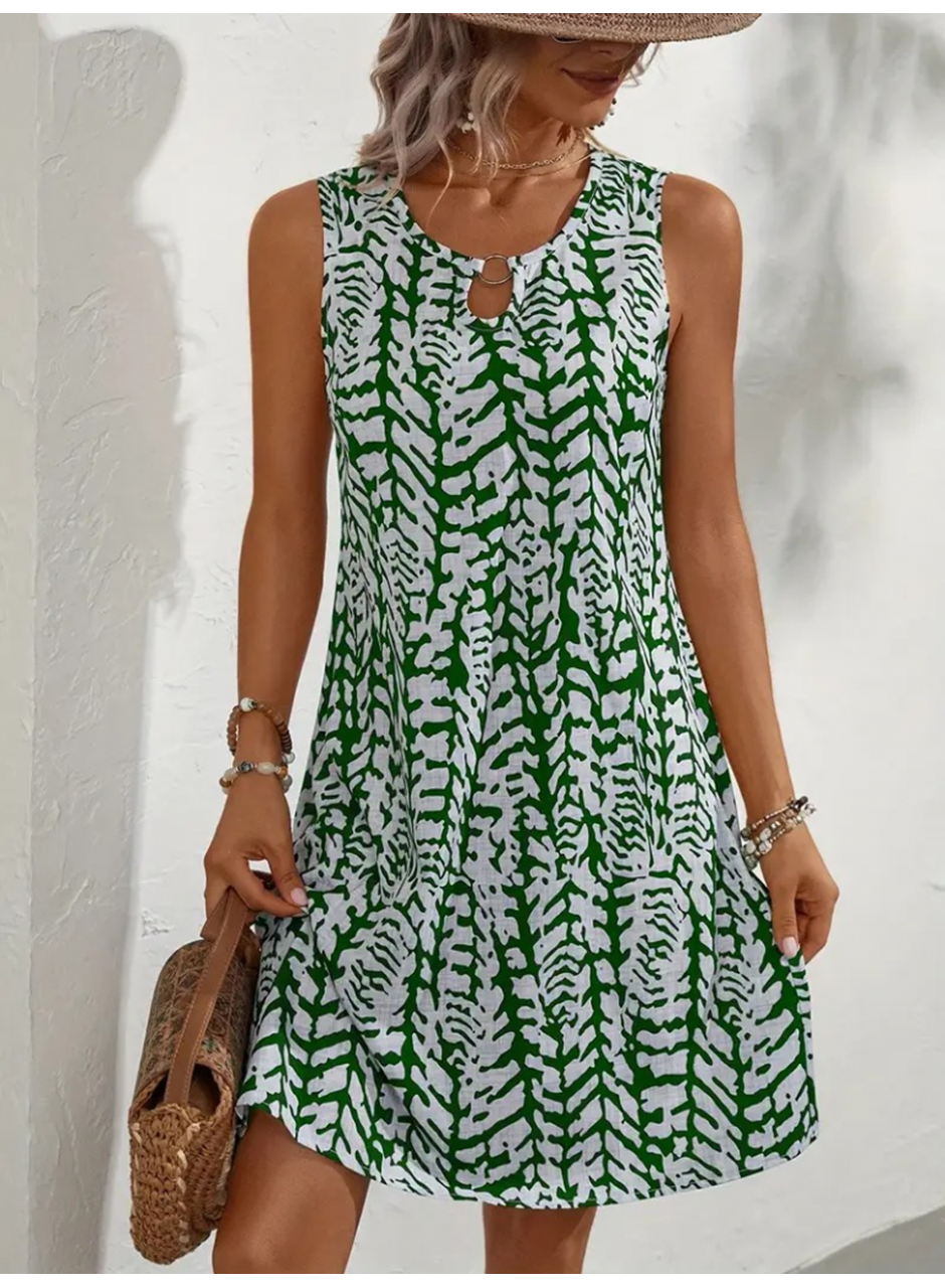 Kadın Sıfır Kol Yakadan Halka Detaylı Desenli Kısa Bürümcük Elbise