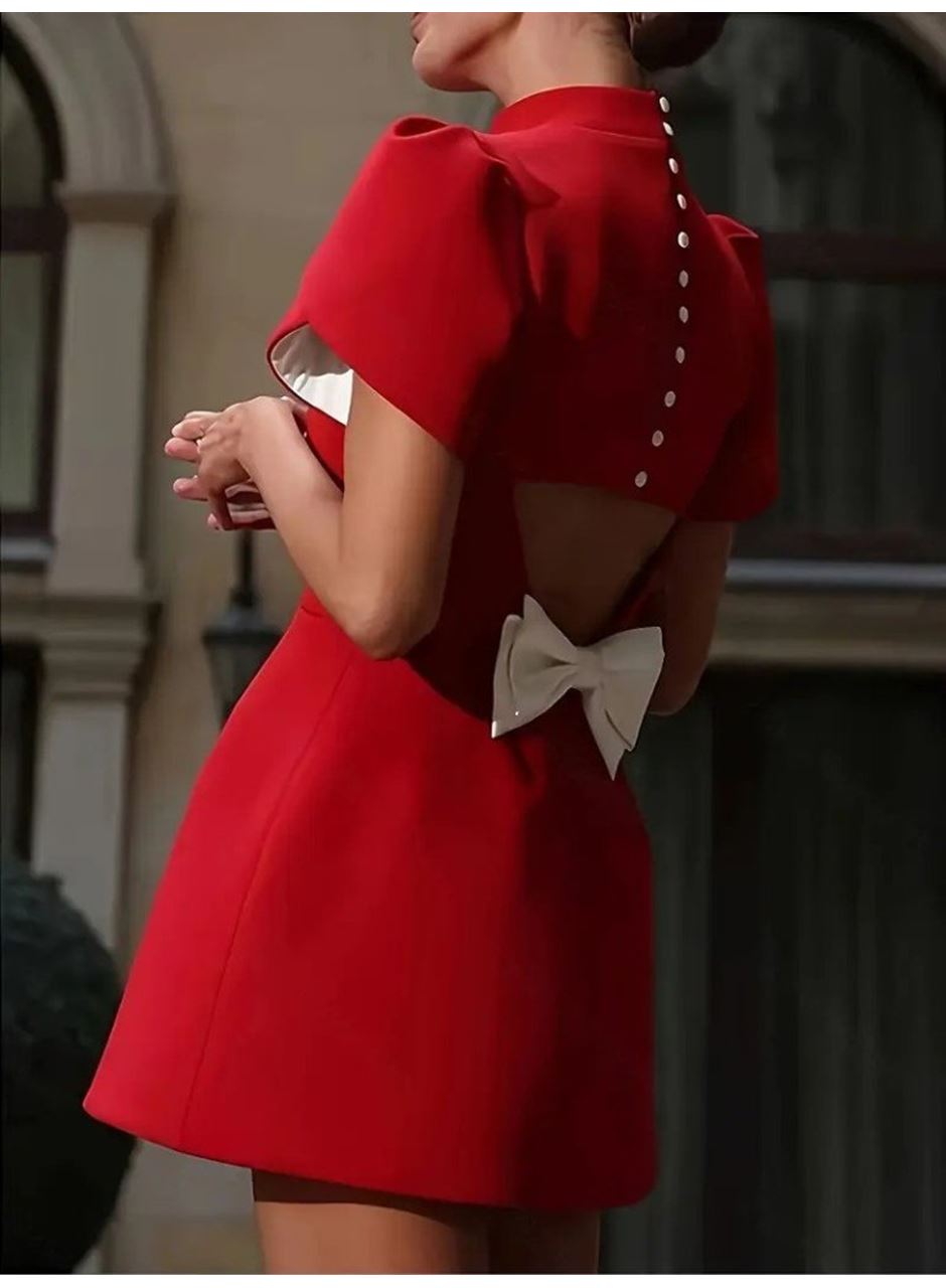 Kadın Kısa Kollu Balıkçı Yaka Arkadan Kelebek Dekolte Detaylı Kısa Atlas Elbise