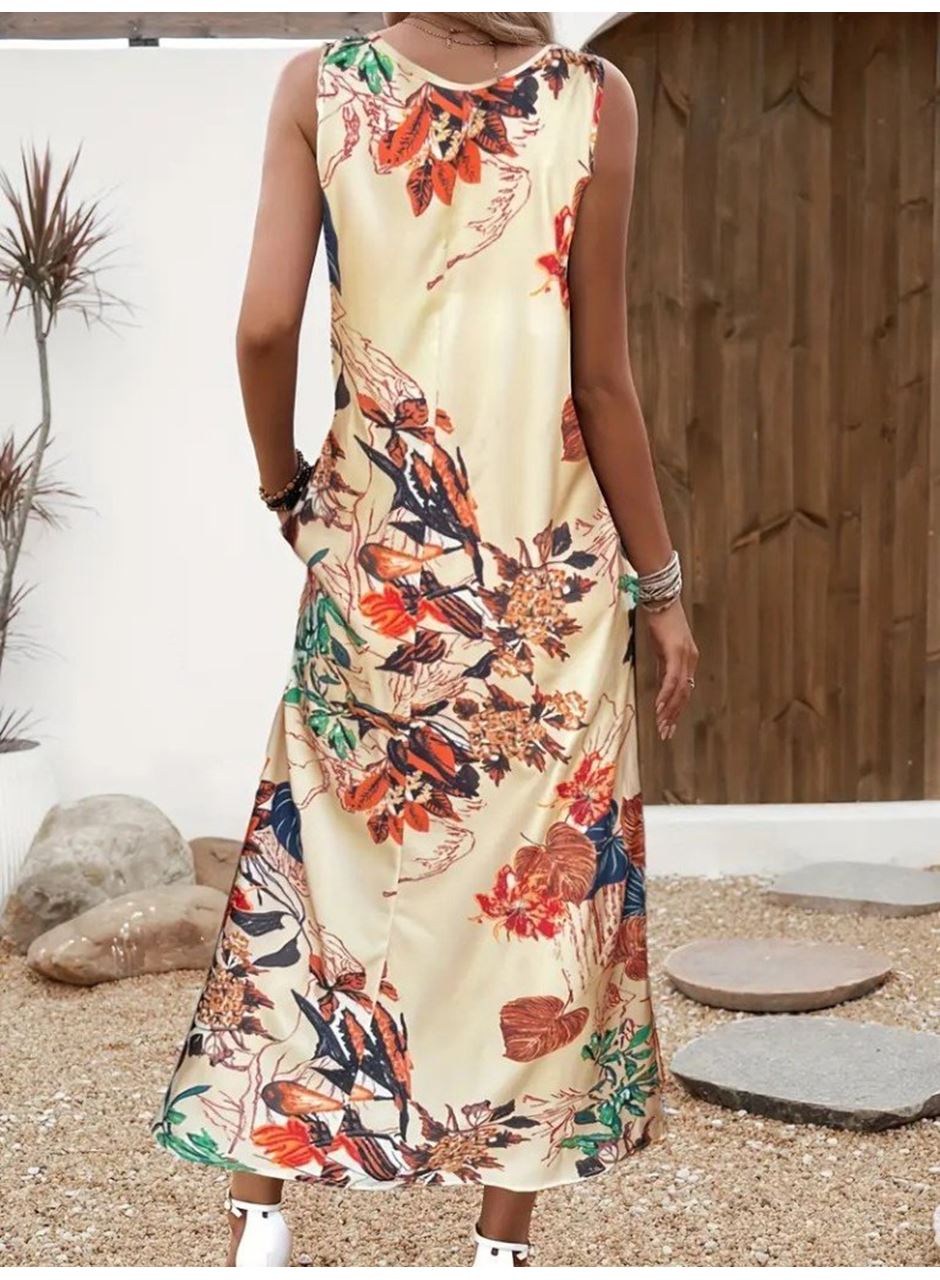 Kadın Askılı Yuvarlak Yaka Cepli Desenli Süprem Elbise