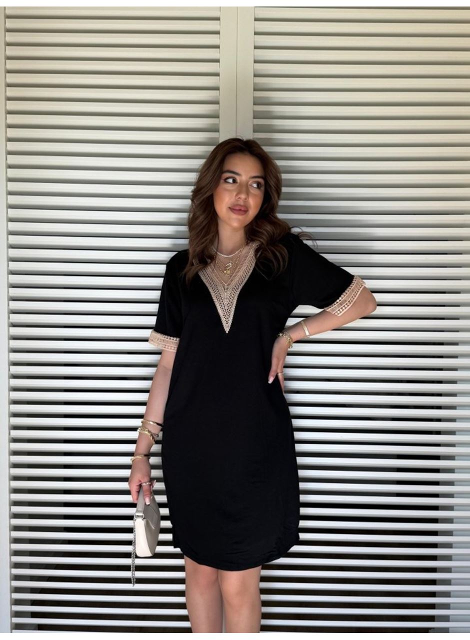 Kadın V Yaka Güpürlü İki İplik Elbise