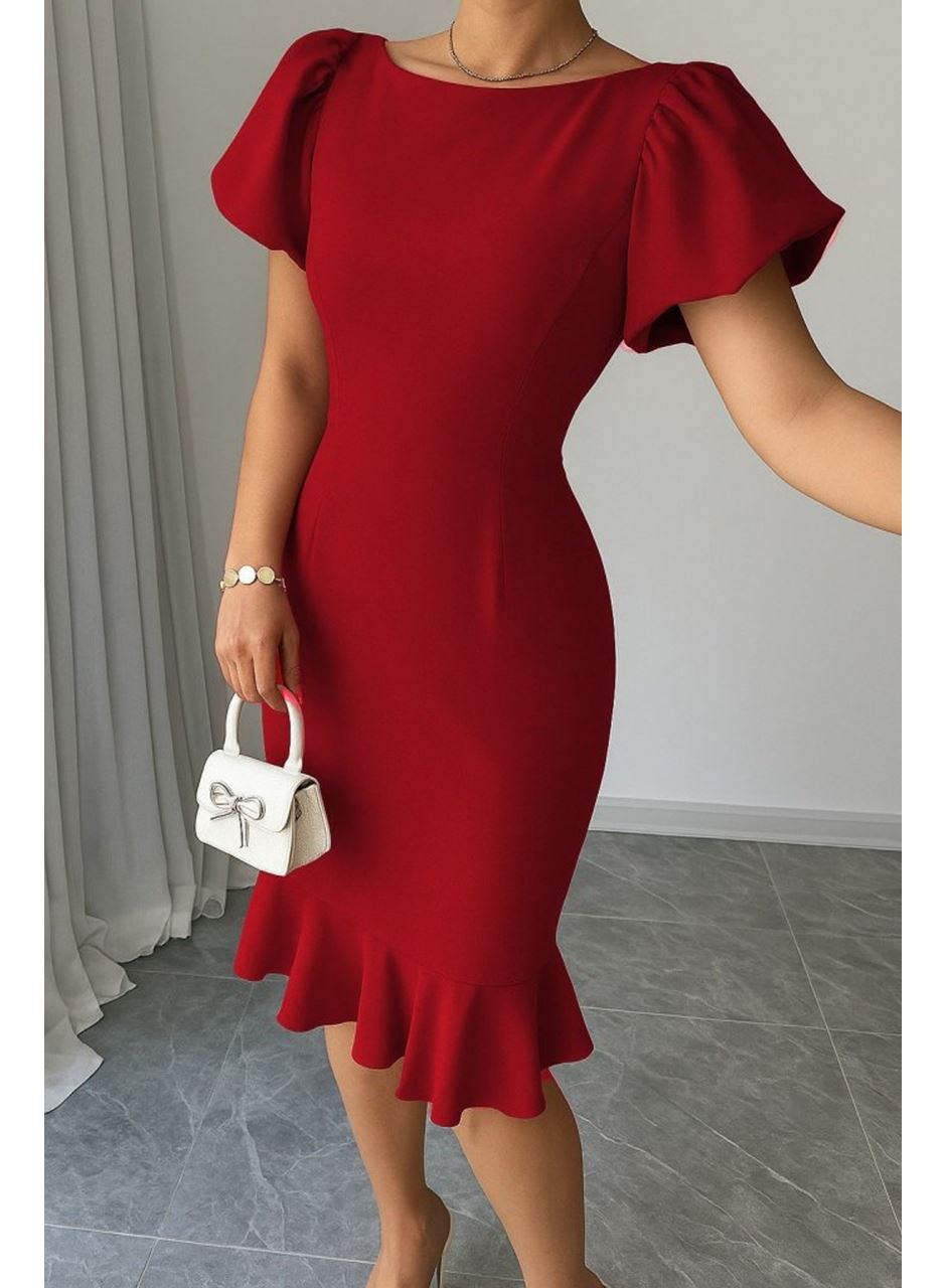 Kadın Kısa Kollu Yuvarlak Yaka Pileli Janjan Krep Elbise