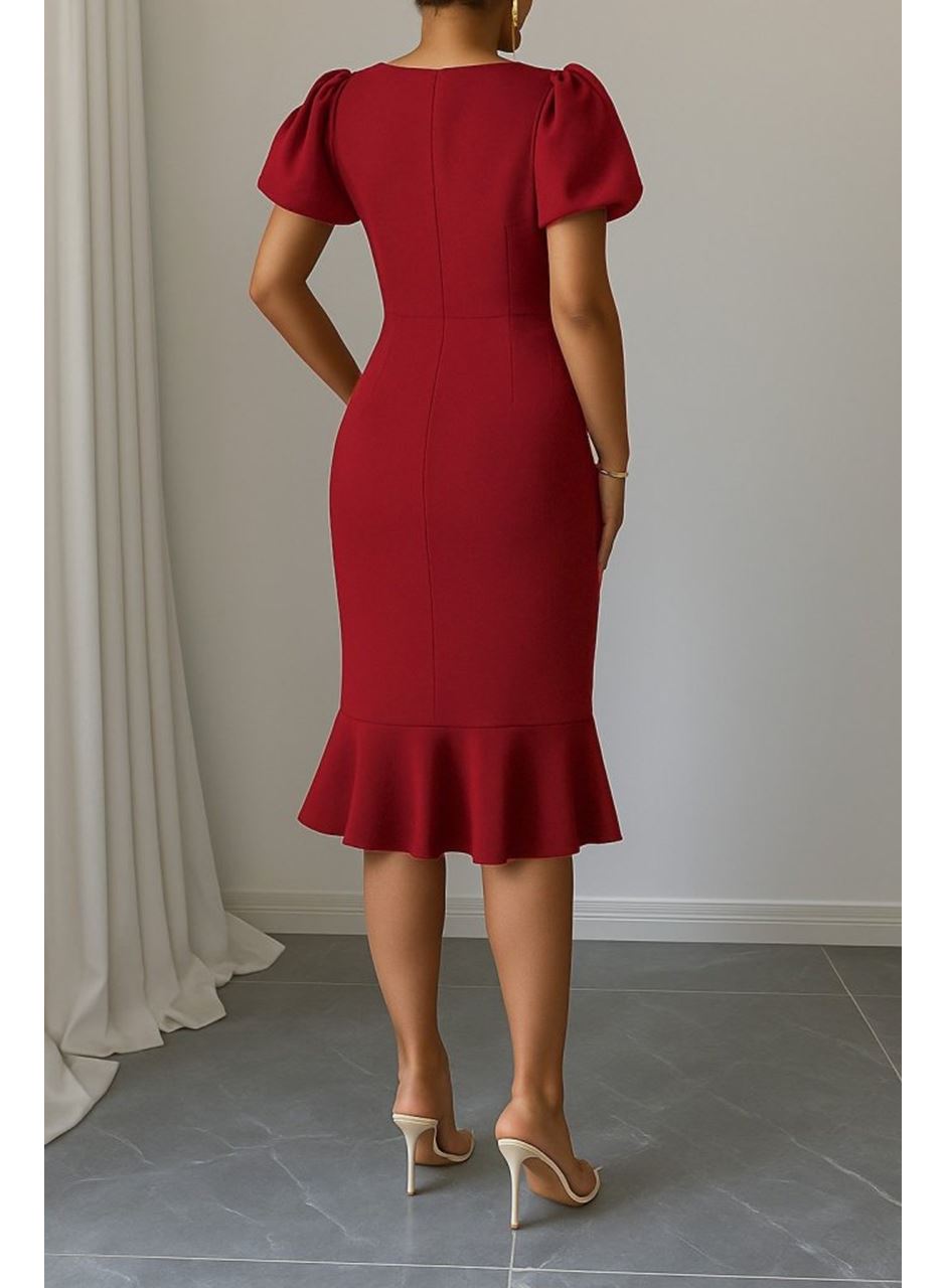 Kadın Kısa Kollu Yuvarlak Yaka Pileli Janjan Krep Elbise