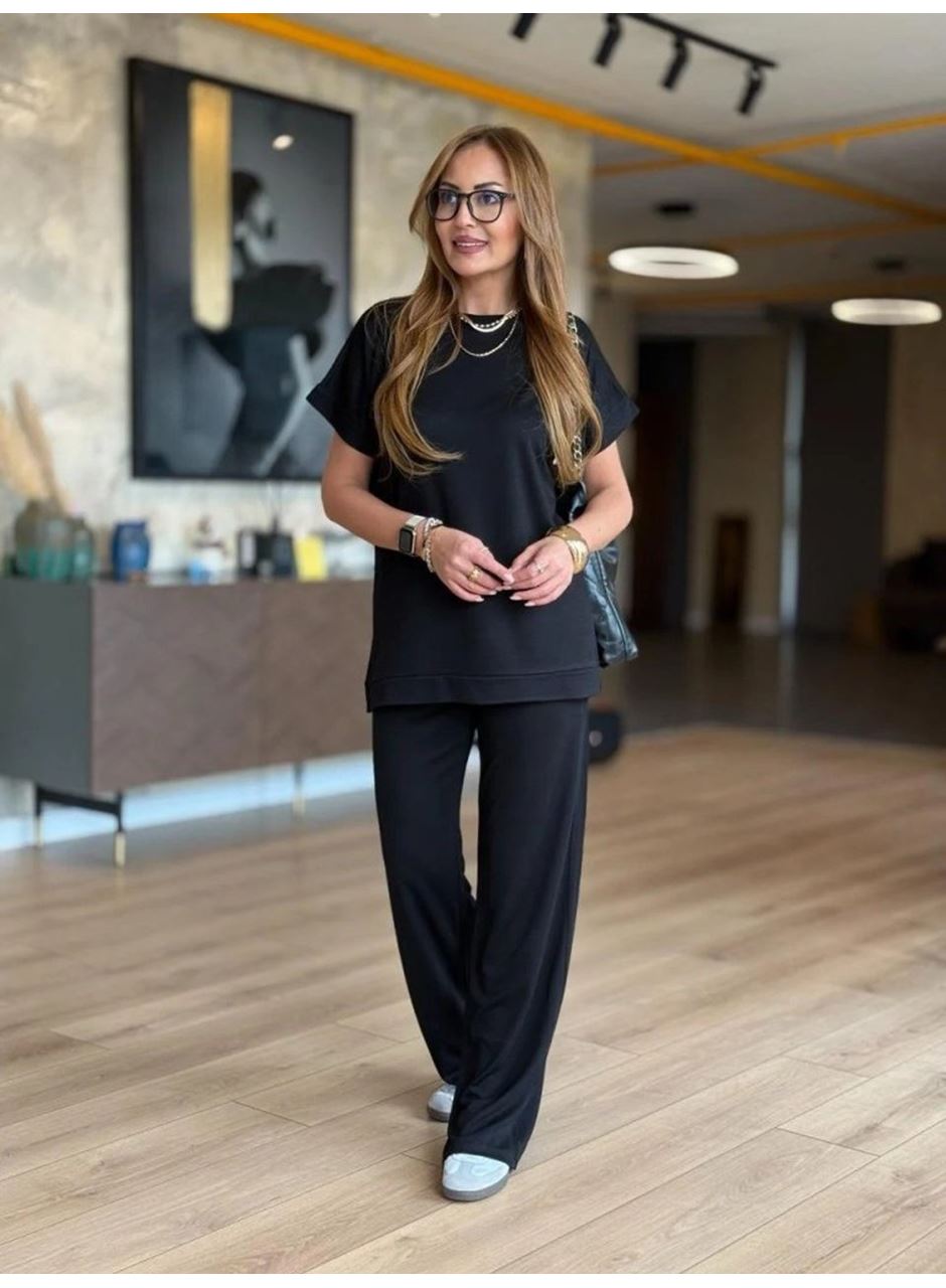 Kadın Kısa Kollu Bisiklet Yaka Viskon Iki Iplik Bluz Ve Pantolon Ikili Takım