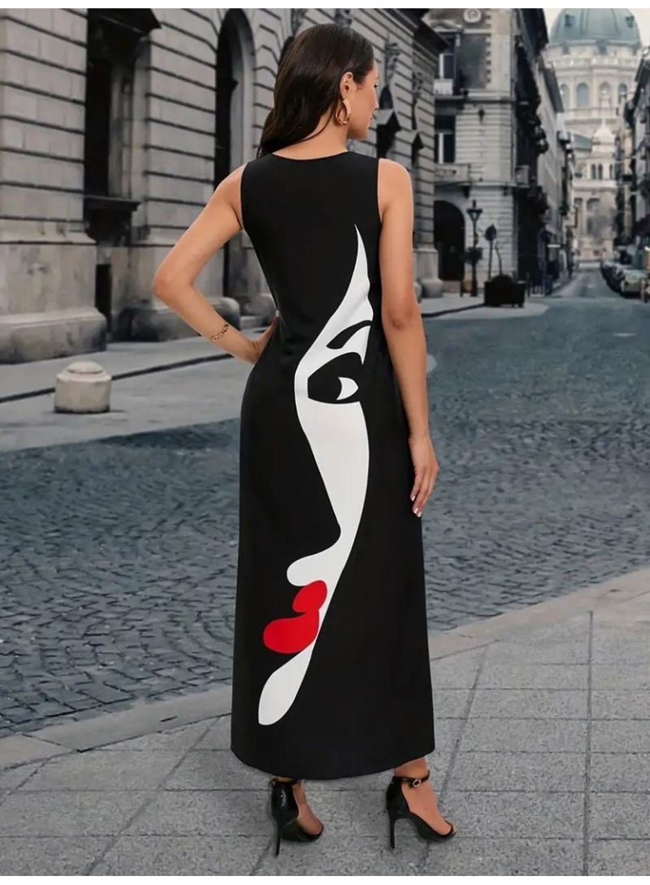 Kadın Sıfır Kol V Yakalı Kadın Yüz Desenli Süprem Elbise