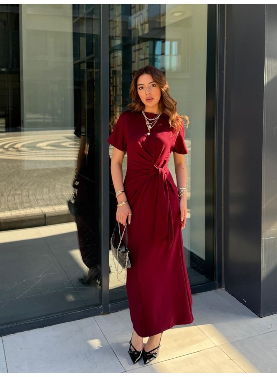 Kadın Kısa Kollu Bisiklet Yaka Yandan Bağlamalı Viskon Iki Iplik Elbise