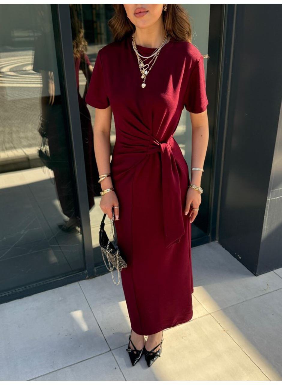 Kadın Kısa Kollu Bisiklet Yaka Yandan Bağlamalı Viskon Iki Iplik Elbise