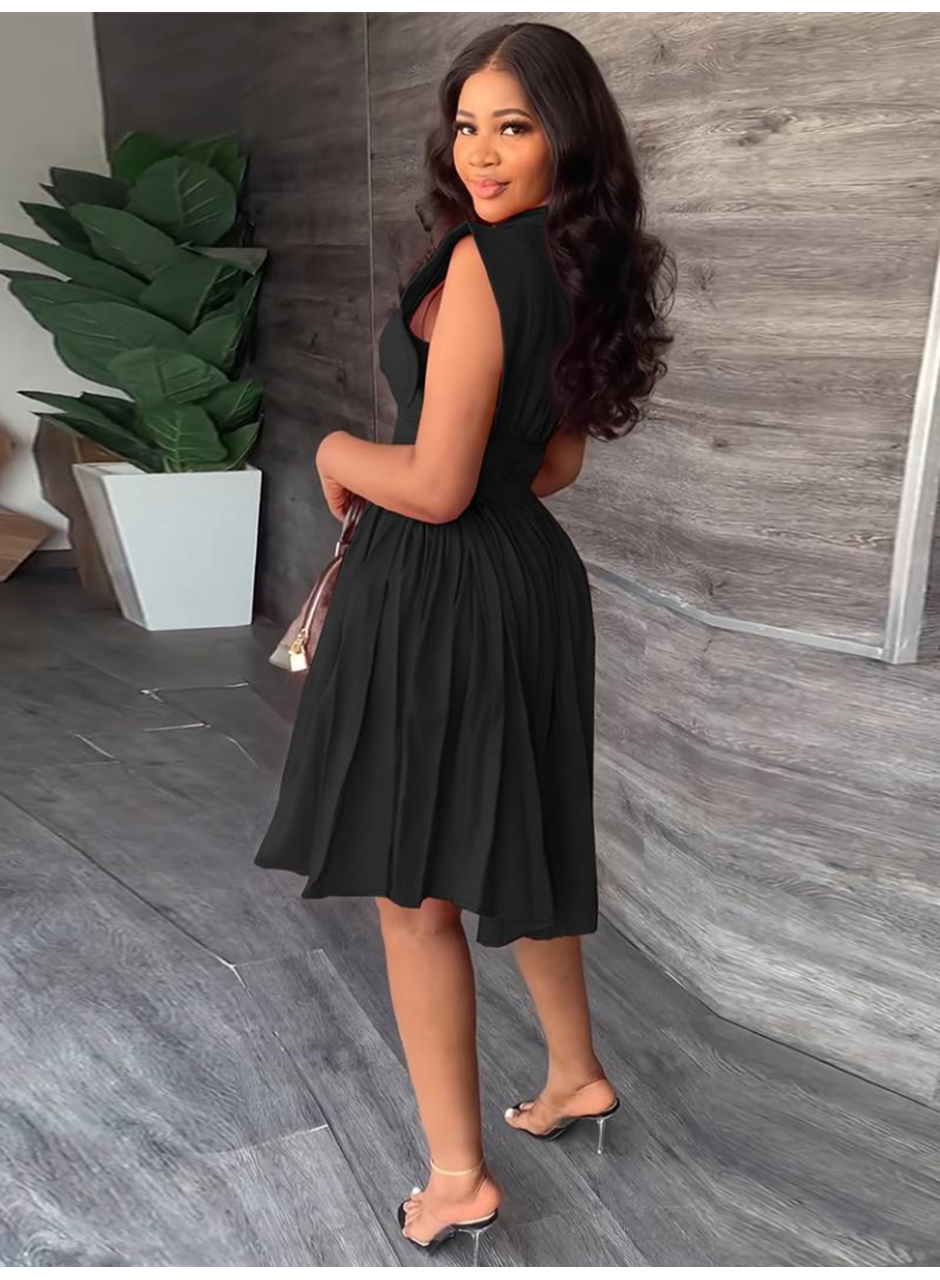 Kadın Yakalı Belden Oturmalı önden Büzgülü Dokuma Mini Elbise