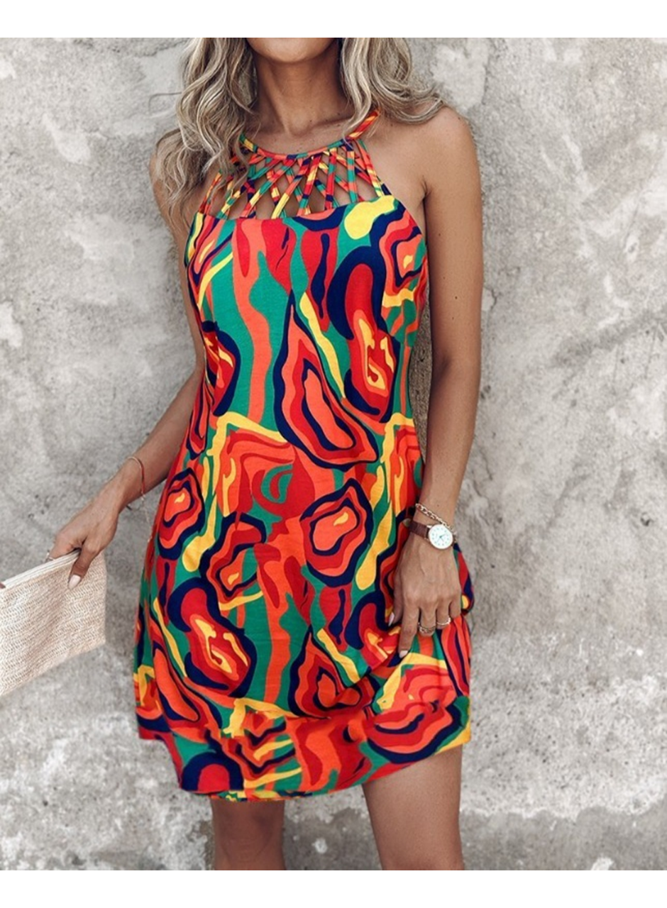 Kadın Omuzlardan Açık çapraz şerit Detaylı Desenli Süprem Elbise