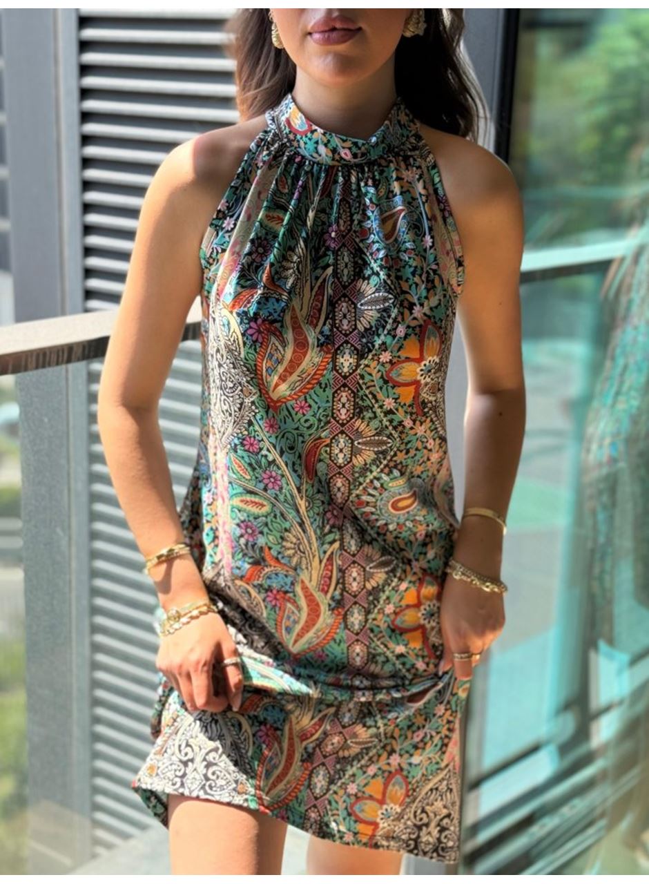 Kadın Kolsuz Boyundan Askılı Desenli Midi Süprem Elbise