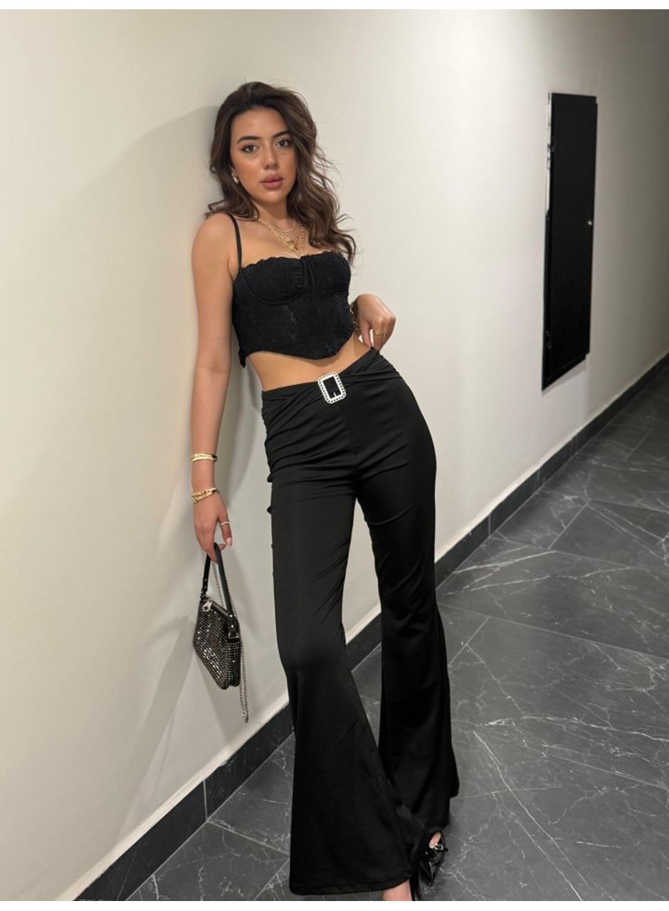 Kadın Yüksek Bel Tokalı Ispanyol Paçalı Dalgıç Pantolon