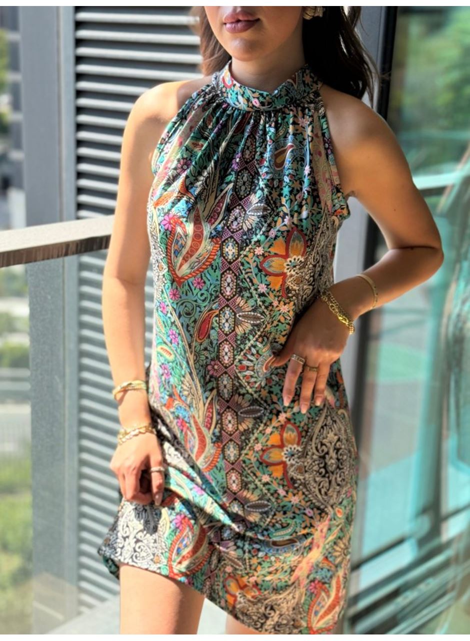 Kadın Kolsuz Boyundan Askılı Desenli Midi Süprem Elbise