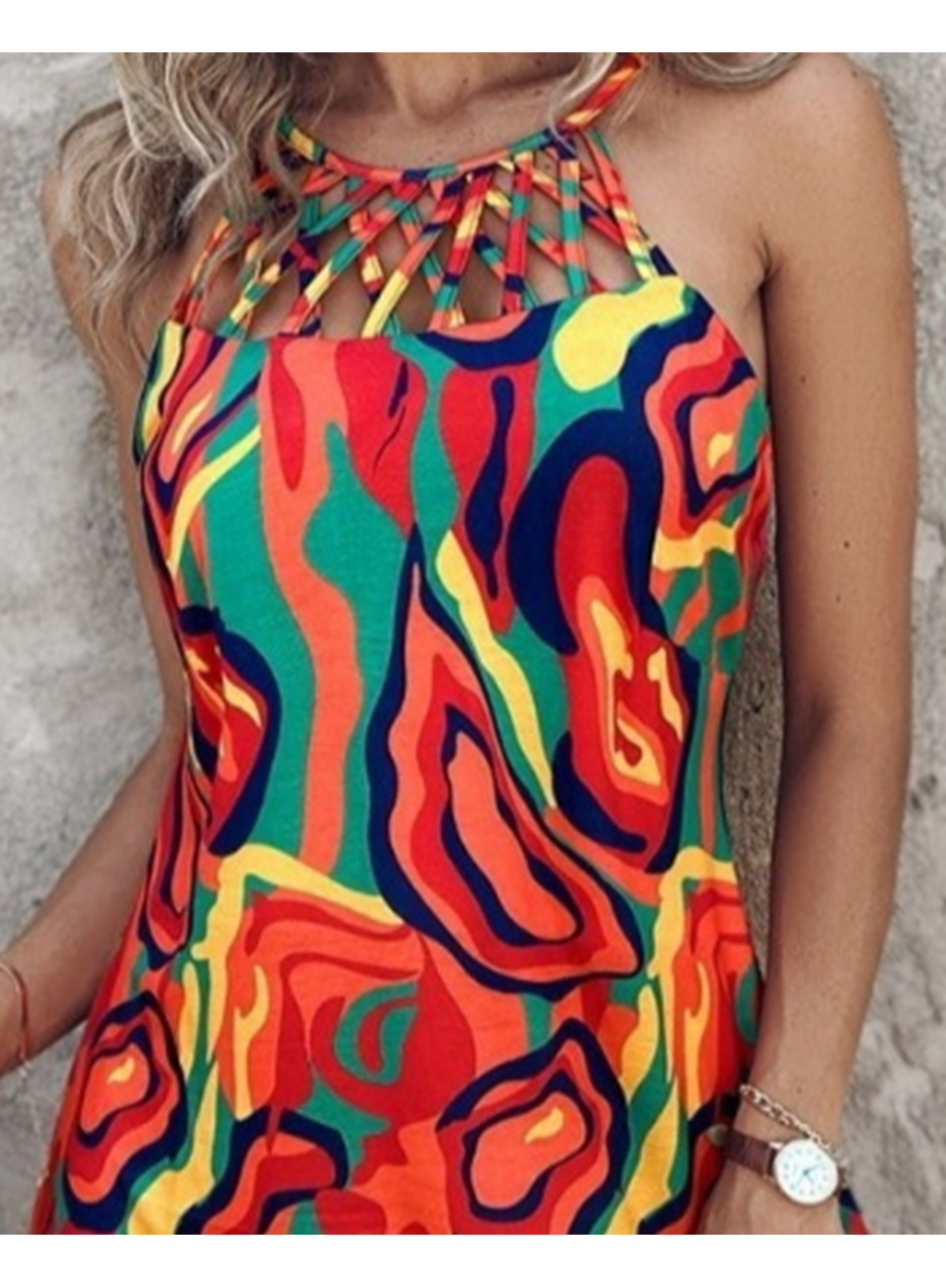 Kadın Omuzlardan Açık çapraz şerit Detaylı Desenli Süprem Elbise