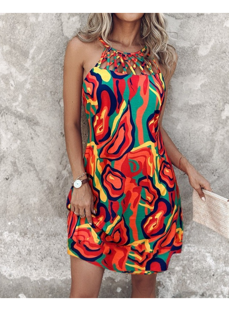 Kadın Omuzlardan Açık çapraz şerit Detaylı Desenli Süprem Elbise