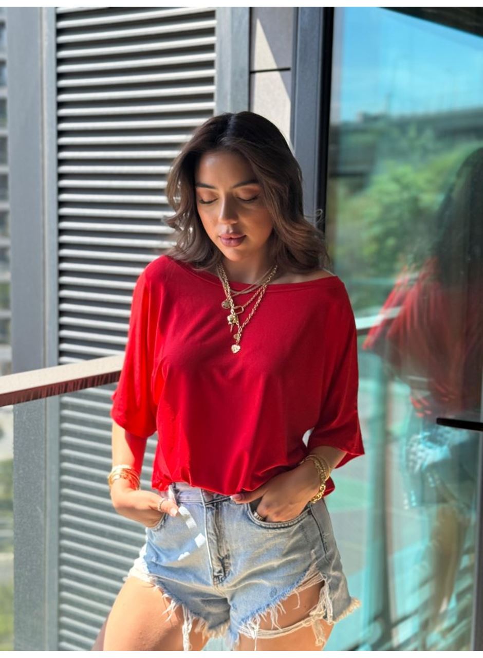 Kadın Tek Omuzu Açık Kısa Kollu Salaş Viskon Bluz