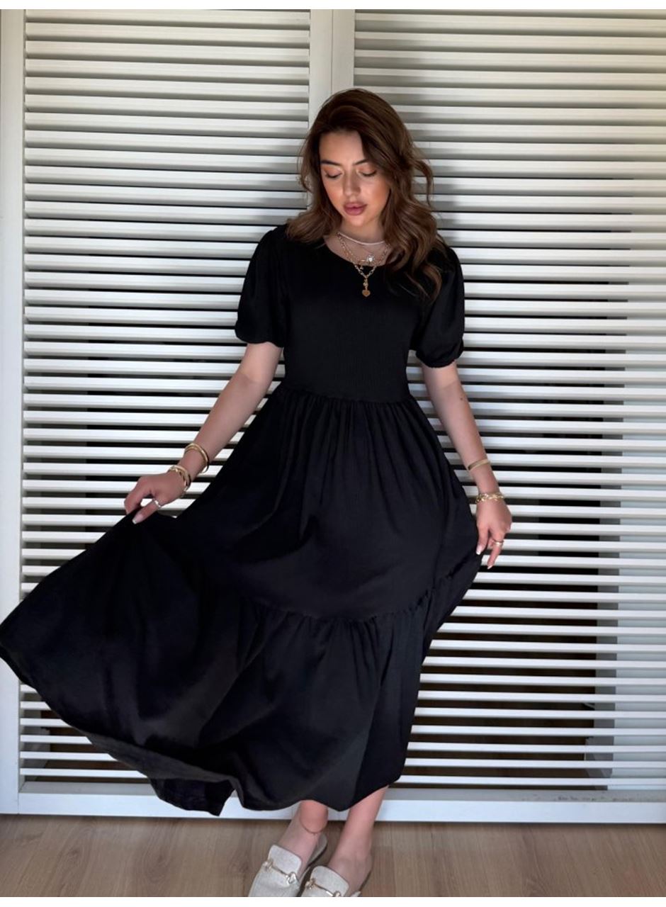 Kadın Kısa Kollu Yakası Açık Katlı Bürümcük Balon Elbise