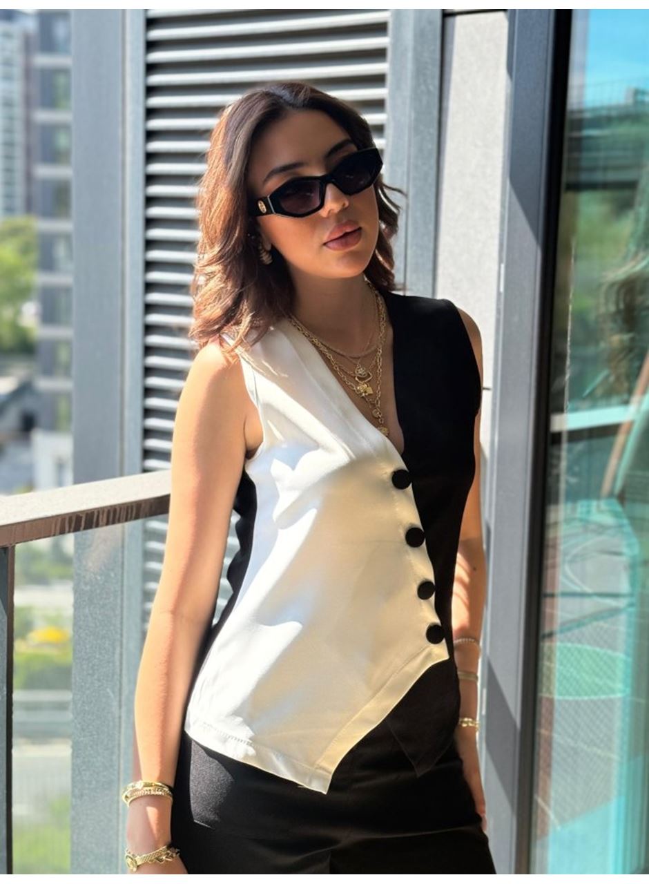 Kadın Sıfır Kol V Yakalı Düğmeli Blok Renkli Atlas Yelek