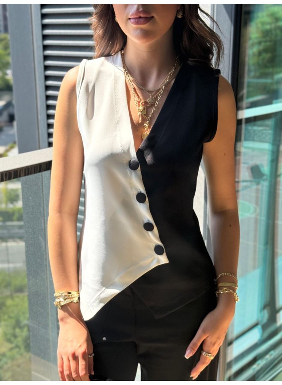 Kadın Sıfır Kol V Yakalı Düğmeli Blok Renkli Atlas Yelek