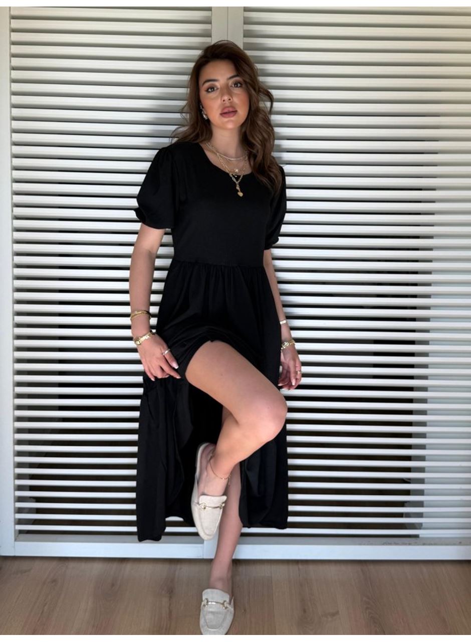 Kadın Kısa Kollu Yakası Açık Katlı Bürümcük Balon Elbise