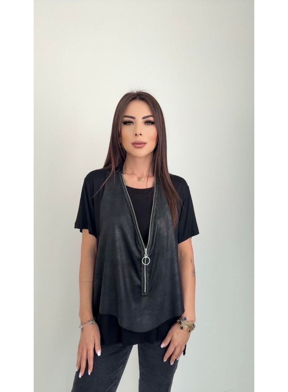 Kadın Kısa Kollu Yuvarlak Yaka Viskon Bluz + Kolsuz Fermuarlı çatlak Deri Yelek