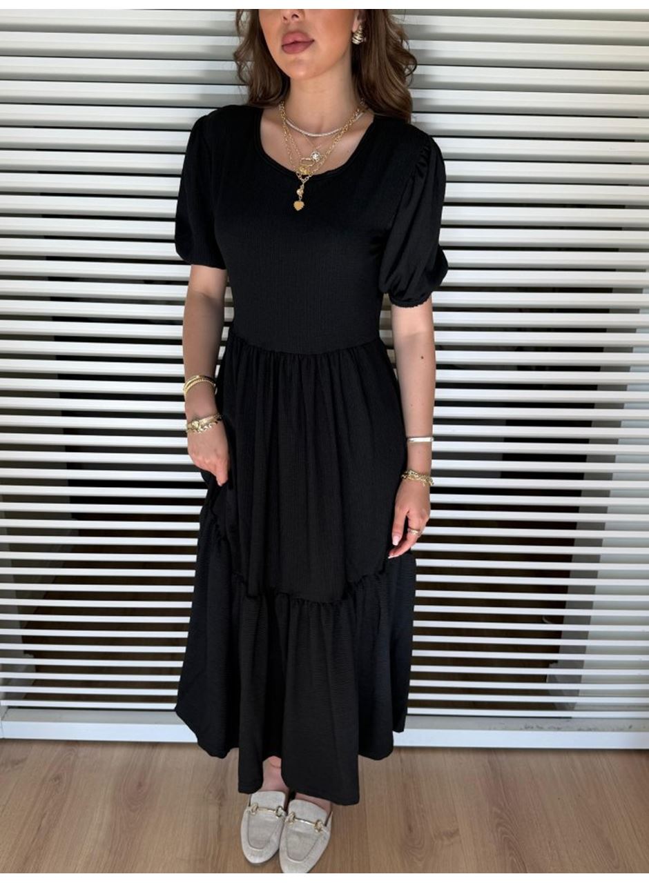 Kadın Kısa Kollu Yakası Açık Katlı Bürümcük Balon Elbise