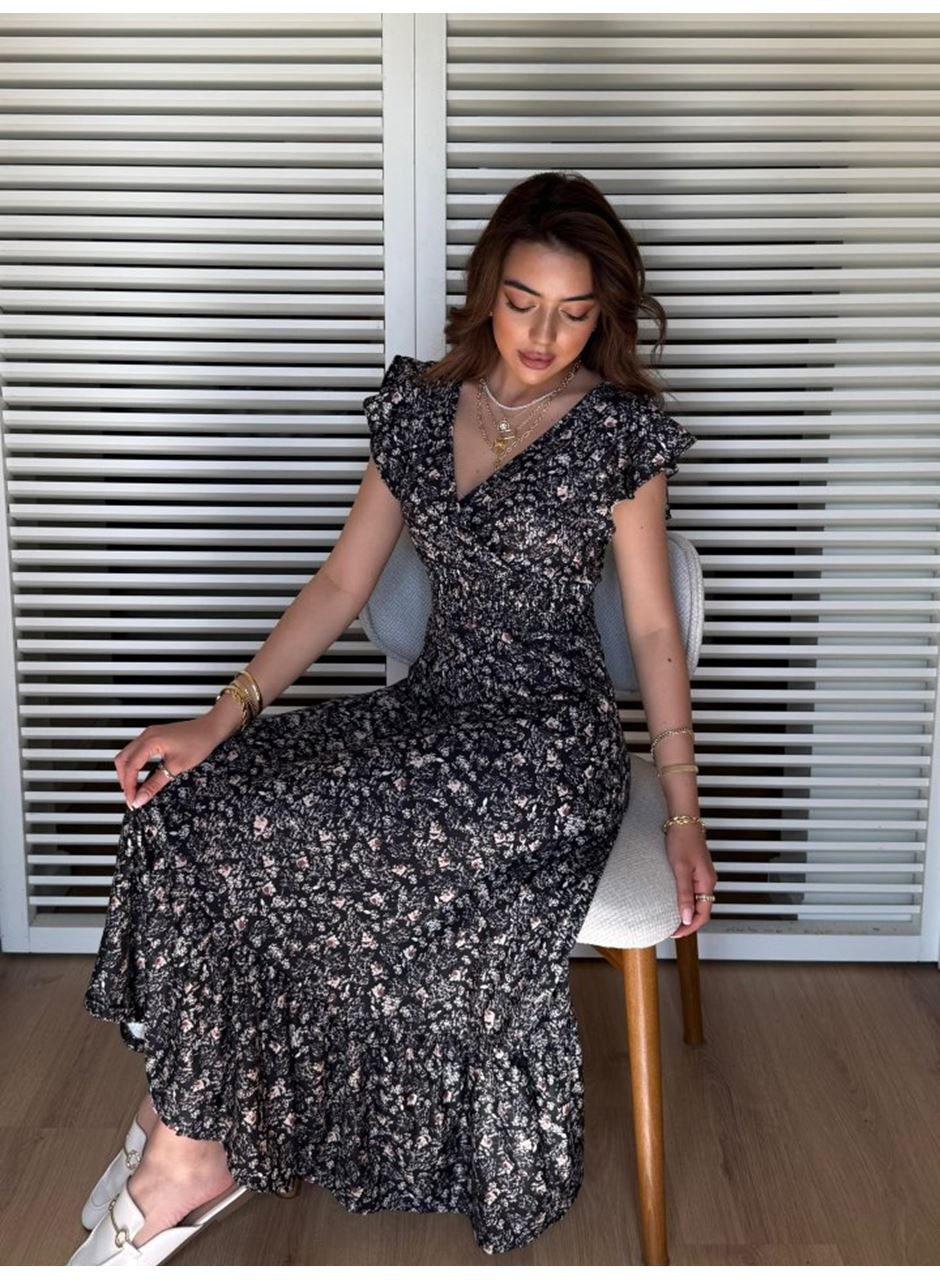 Kadın Kısa Kollu Kruvaze Yaka Beli Lastikli çiçek Desenli Elbise