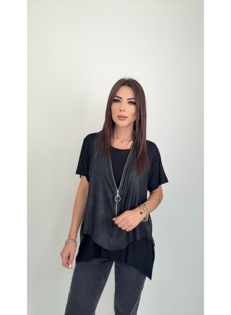 Kadın Kısa Kollu Yuvarlak Yaka Viskon Bluz + Kolsuz Fermuarlı çatlak Deri Yelek