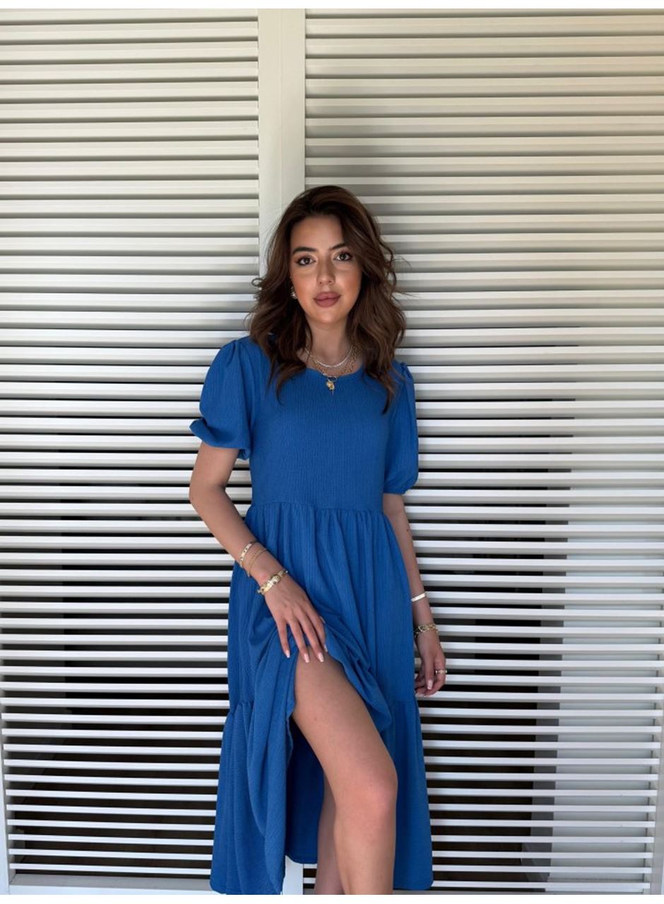 Kadın Kısa Kollu Yakası Açık Katlı Bürümcük Balon Elbise