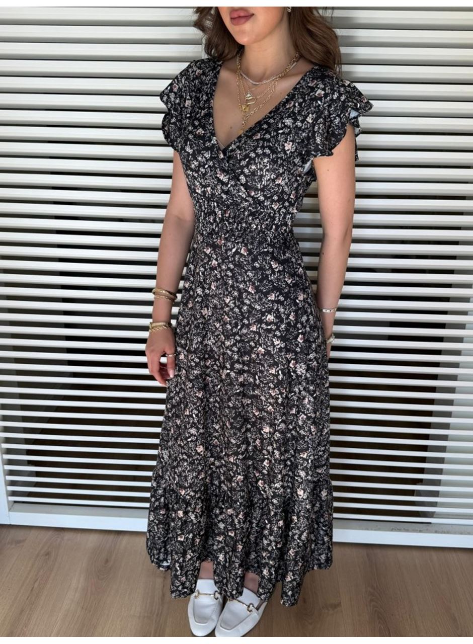 Kadın Kısa Kollu Kruvaze Yaka Beli Lastikli çiçek Desenli Elbise