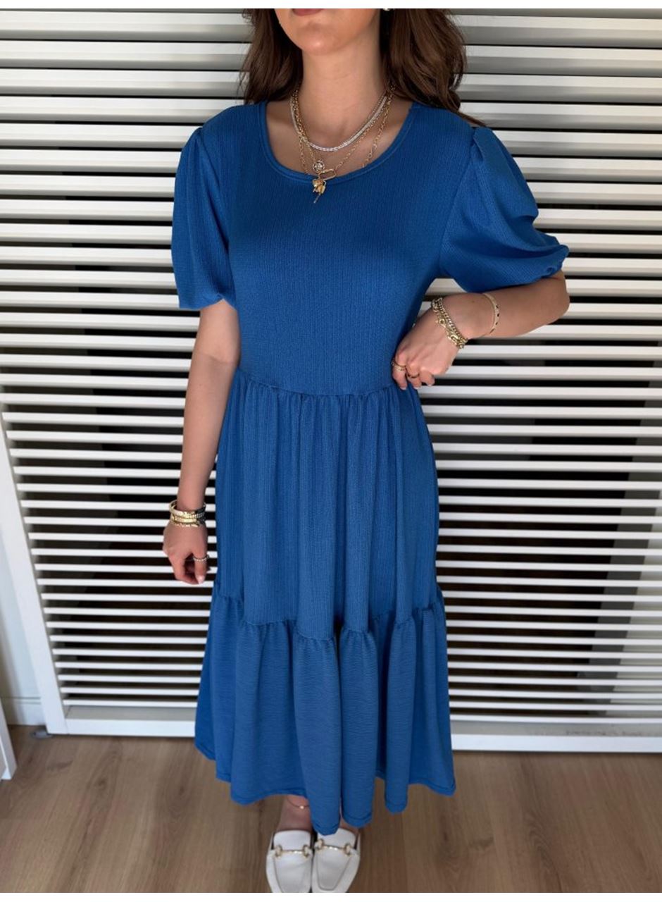 Kadın Kısa Kollu Yakası Açık Katlı Bürümcük Balon Elbise