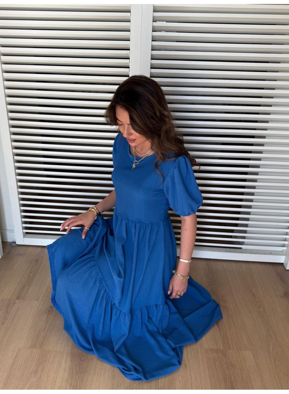 Kadın Kısa Kollu Yakası Açık Katlı Bürümcük Balon Elbise