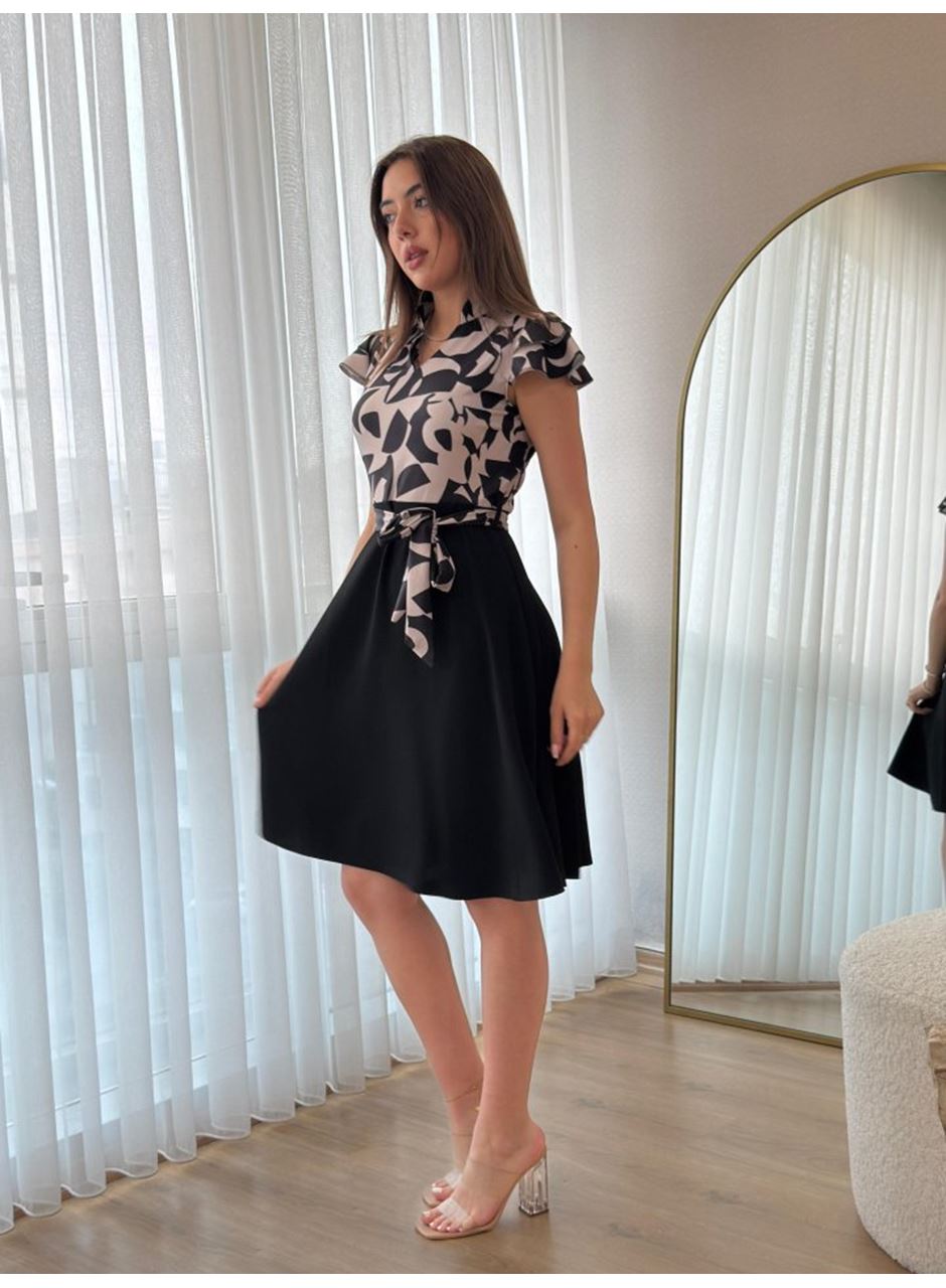 Kadın Kısa Kollu Kolu Fırfır Detay Mini Kuşaklı Kloş Krep Elbise