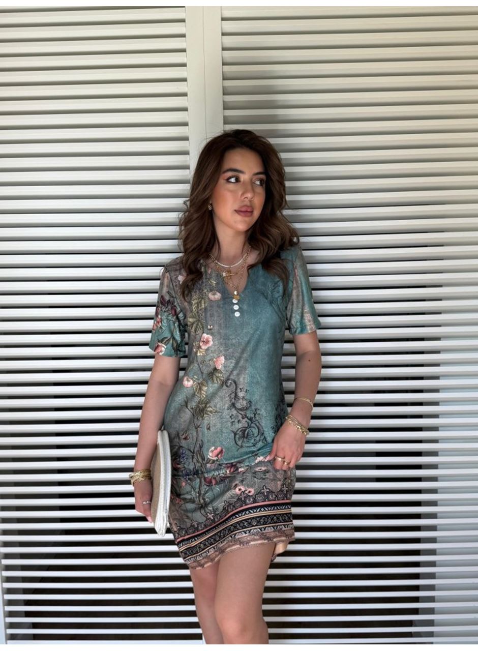 Kadın Kısa Kollu V Yakalı çiçek Baskılı Midi Süprem Elbise