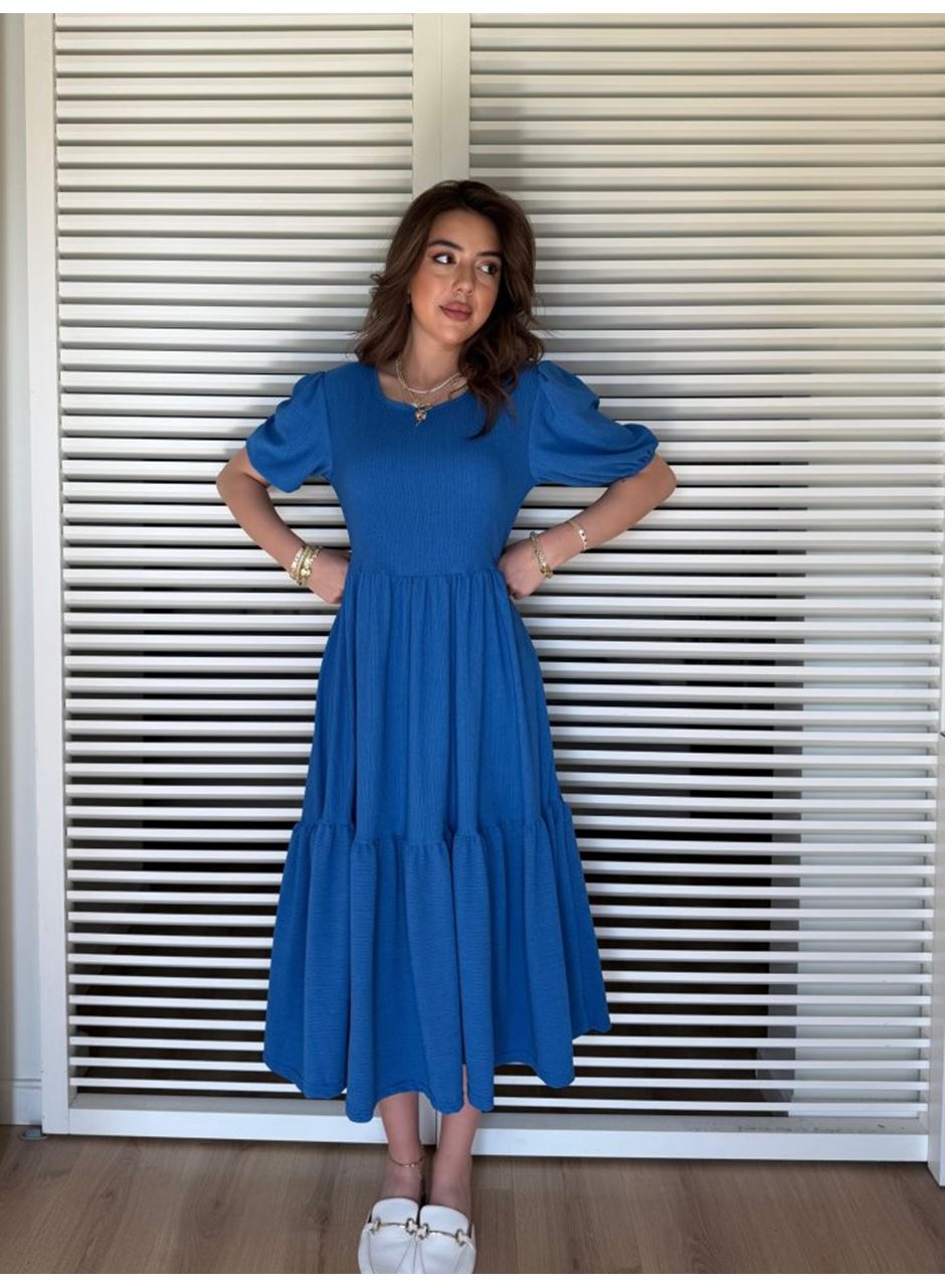 Kadın Kısa Kollu Yakası Açık Katlı Bürümcük Balon Elbise