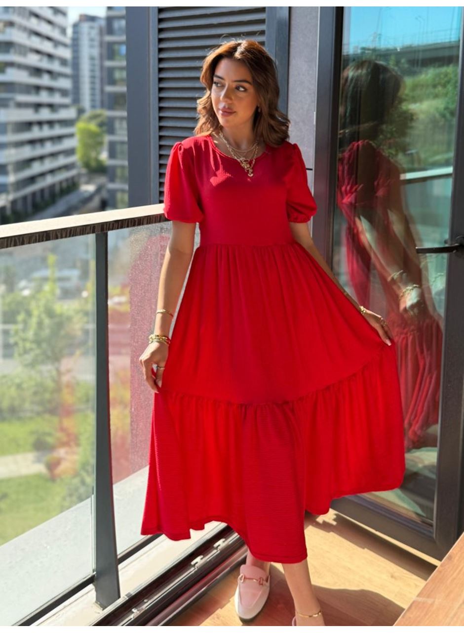 Kadın Kısa Kollu Yakası Açık Katlı Bürümcük Balon Elbise