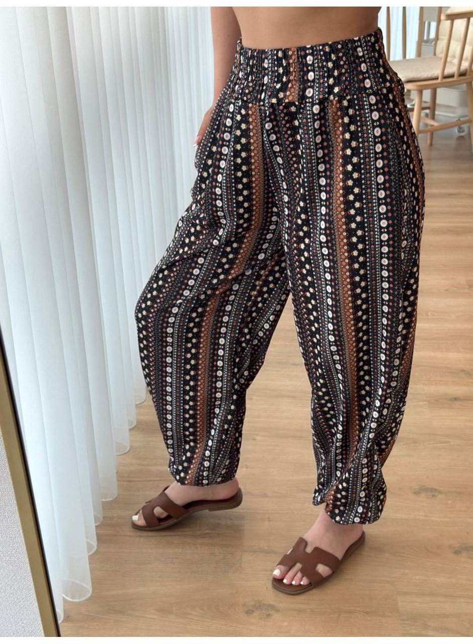 Kadın Yüksek Bel Etnik Desenli Geniş Dökümlü Bürümcük Pantolon