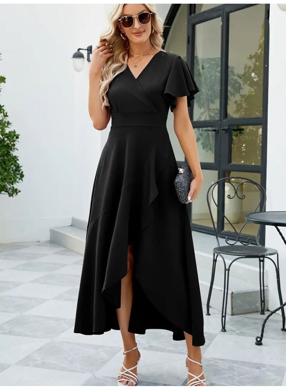 Kadın Kısa Kollu Kruvaze Yakalı önden Volanlı çapraz Kesim Detaylı Maksi Boy Ithal Krep Elbise