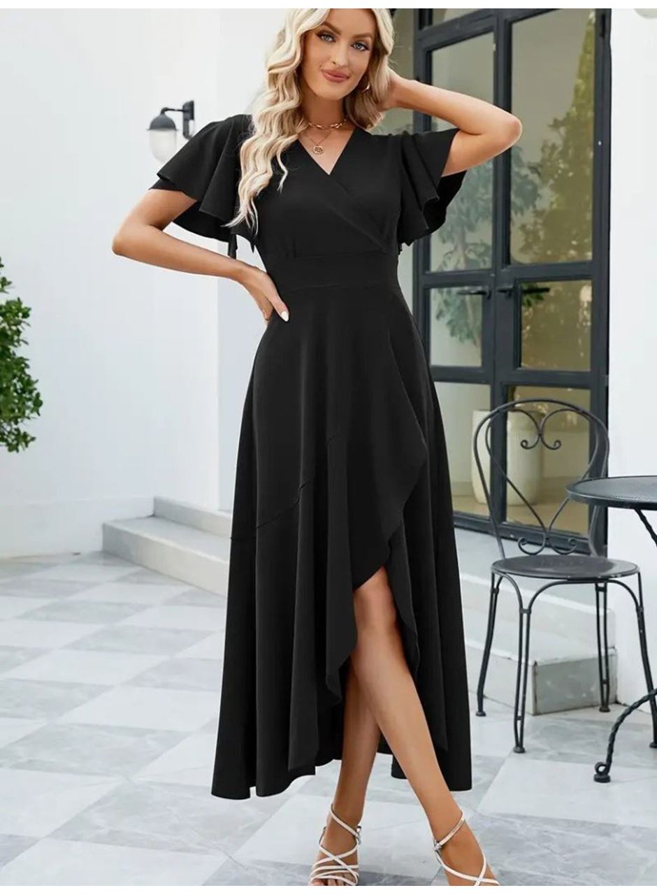 Kadın Kısa Kollu Kruvaze Yakalı önden Volanlı çapraz Kesim Detaylı Maksi Boy Ithal Krep Elbise