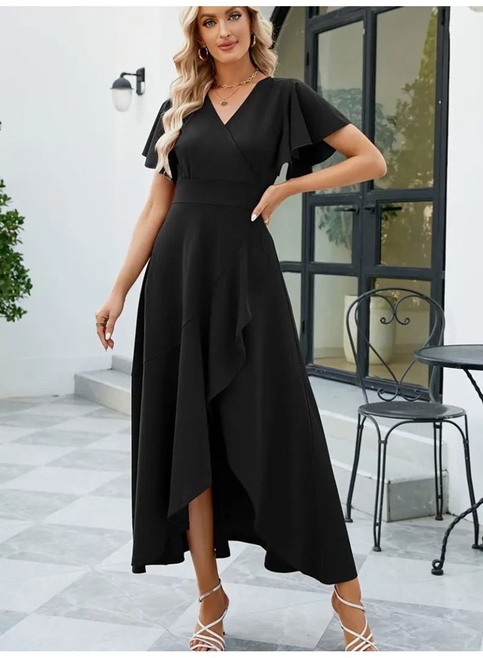 Kadın Kısa Kollu Kruvaze Yakalı önden Volanlı çapraz Kesim Detaylı Maksi Boy Ithal Krep Elbise