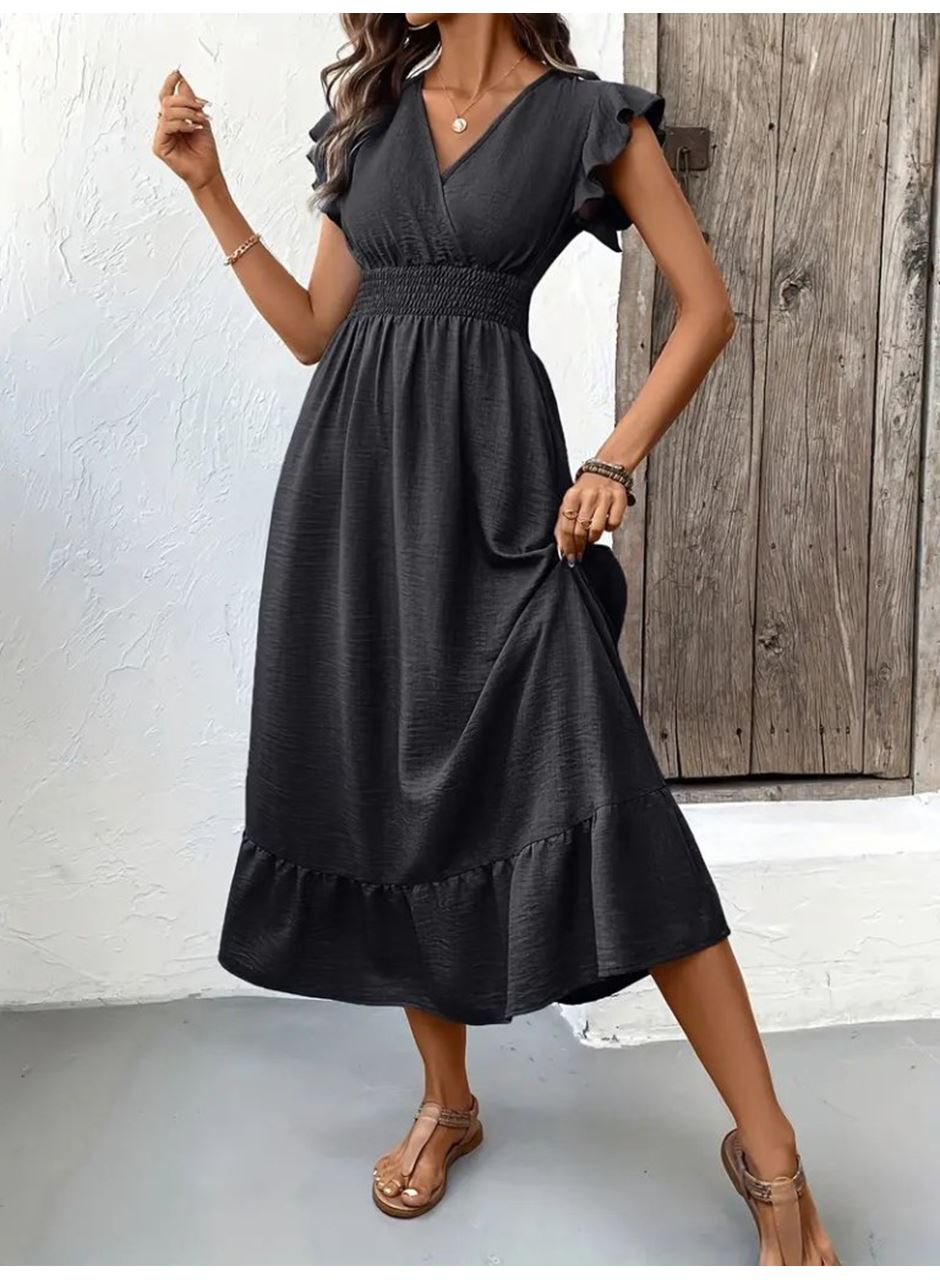 Kadın Kısa Kelebek Kollu Kruvaze Yakalı Beli Lastikli Aerobin Elbise