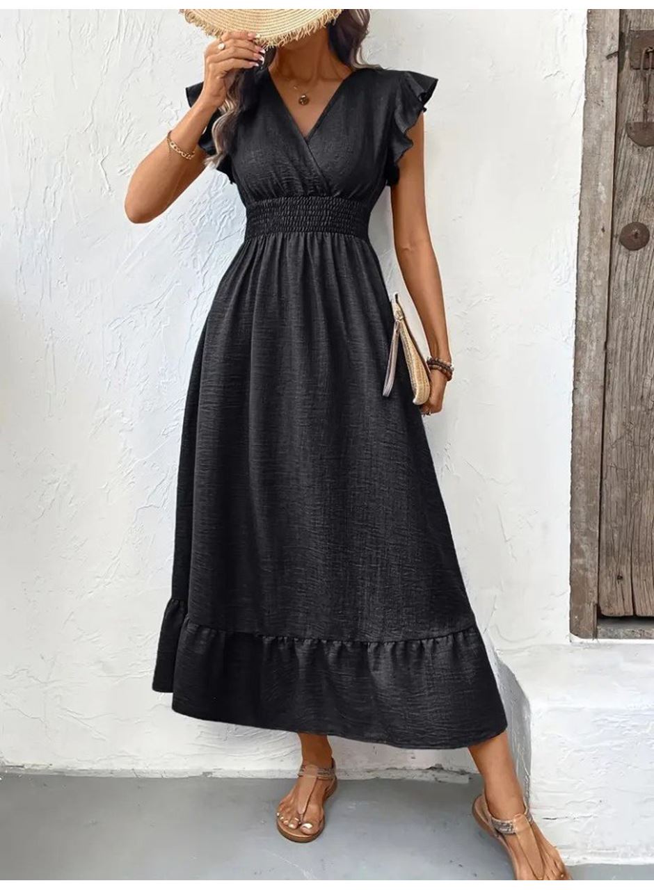 Kadın Kısa Kelebek Kollu Kruvaze Yakalı Beli Lastikli Aerobin Elbise