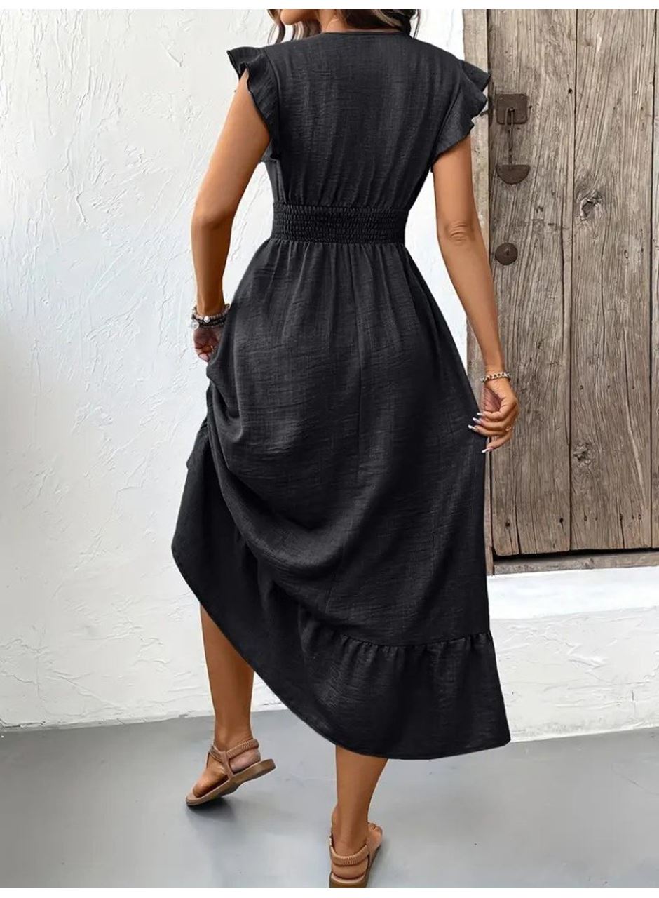Kadın Kısa Kelebek Kollu Kruvaze Yakalı Beli Lastikli Aerobin Elbise